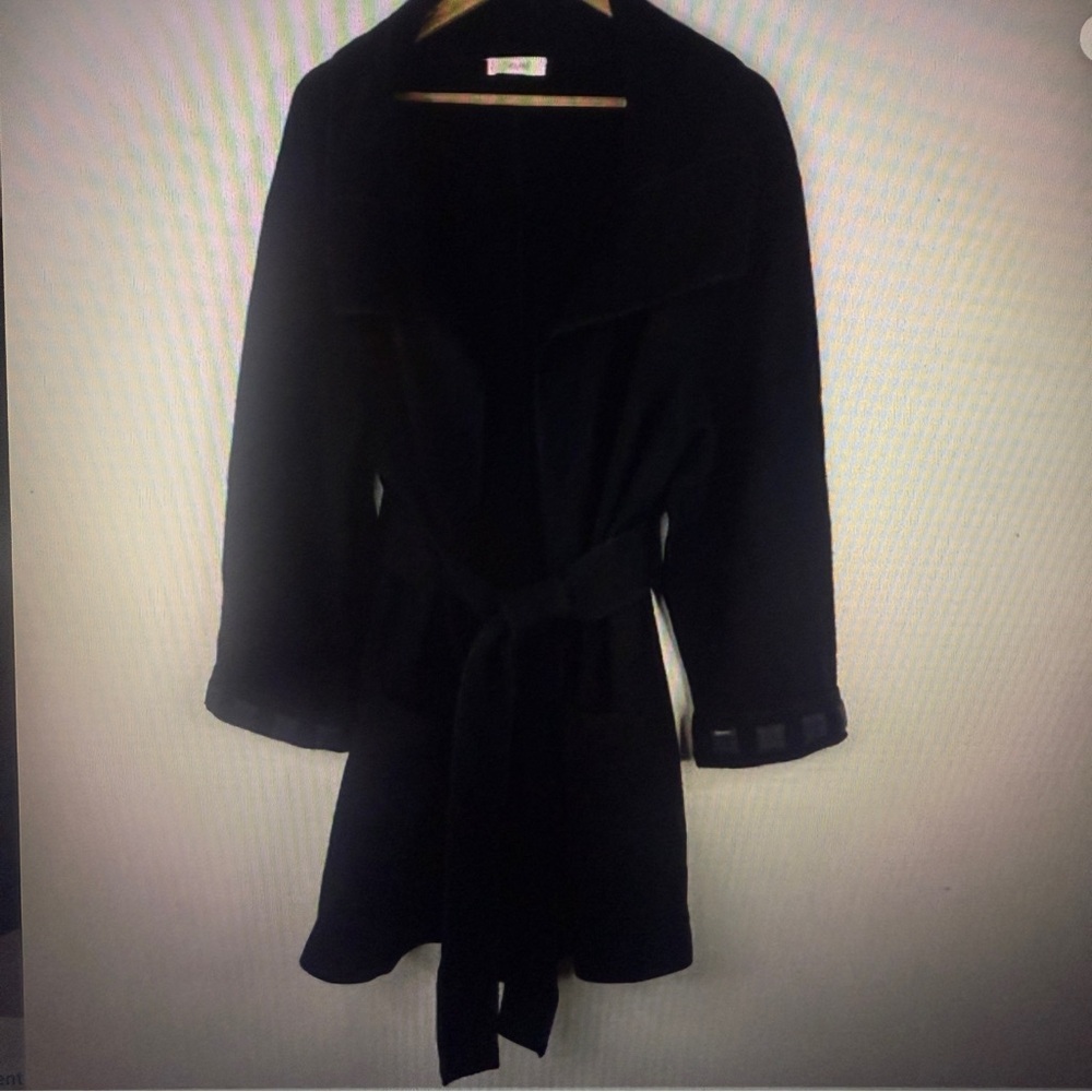 LAUREL Women Black 100% Wool Tie Waist Pockets Sweater Coat Size M/L